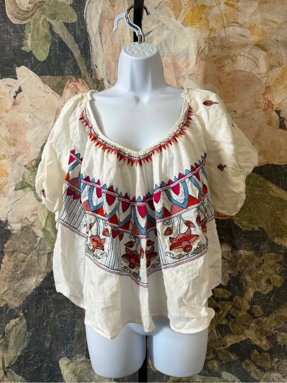 Free People Wind In Her Hair Boho Embroidered Cotton Beachy Peasant Top Size S
